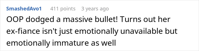 Comment on a forum about a woman leaving her fianc&eacute; over her boyfriend, highlighting emotional immaturity and unavailability.