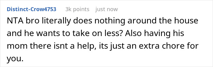 Comment discussing a lazy hubby inviting mom to help, leading wife to go on strike and assign all chores to him.