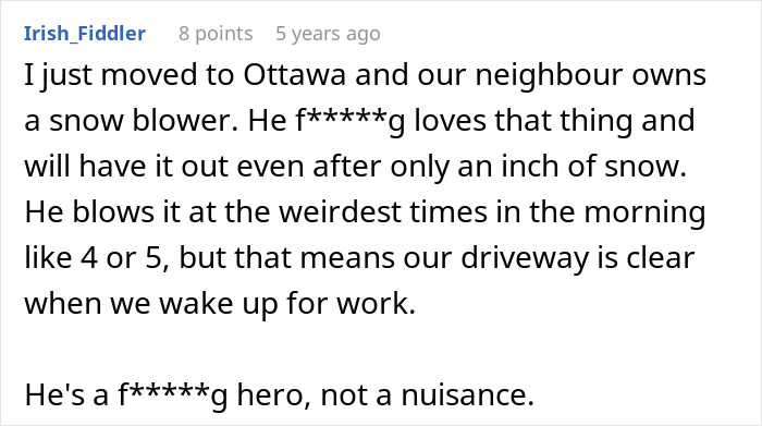 Comment about a guy with a snowblower clearing snow early to keep the driveway clear for neighbors.