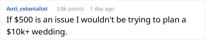 Screenshot of a social media comment discussing a $500 insurance hike impacting a couple&rsquo;s wedding plans and relationship stress.