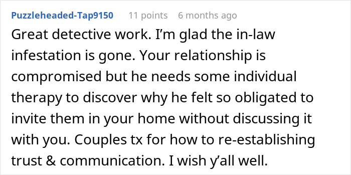 Comment discussing relationship trust issues after a man kicks his family out following his wife’s discovery.