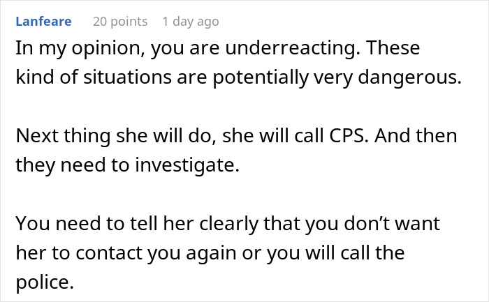 Comment text expressing concern about dangerous situations involving a stressed and paranoid man dealing with an unhinged neighbor.