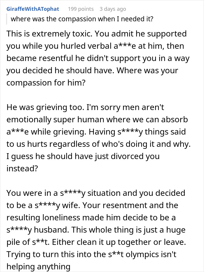 Comment from internet user giving a reality check about cheating husband and fair therapist in an online discussion.