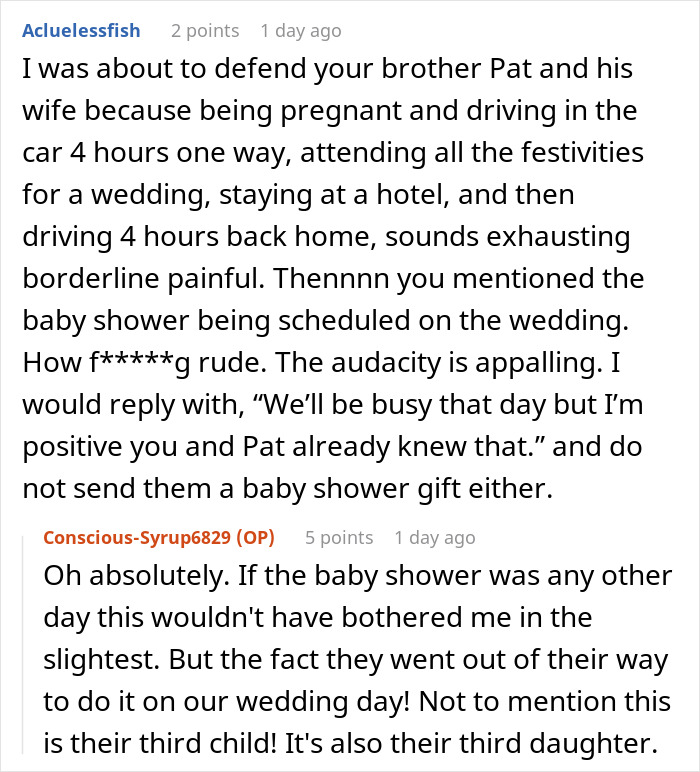 Online discussion about groom&rsquo;s brother causing drama and throwing a baby shower on wedding day.
