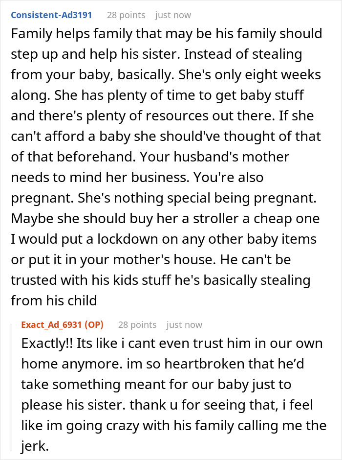 Screenshot of a Reddit discussion about a mom-to-be shocked to find nursery empty and her husband gifting stroller to sister without discussion.