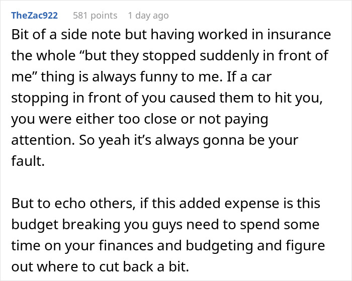 Screenshot of a Reddit comment discussing insurance costs and budgeting after a man&rsquo;s $500 insurance hike impacts his fianc&eacute;e.