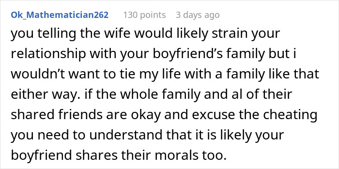 Comment on a forum discussing family dynamics and cheating, highlighting issues with the son's mistress and clueless wife.