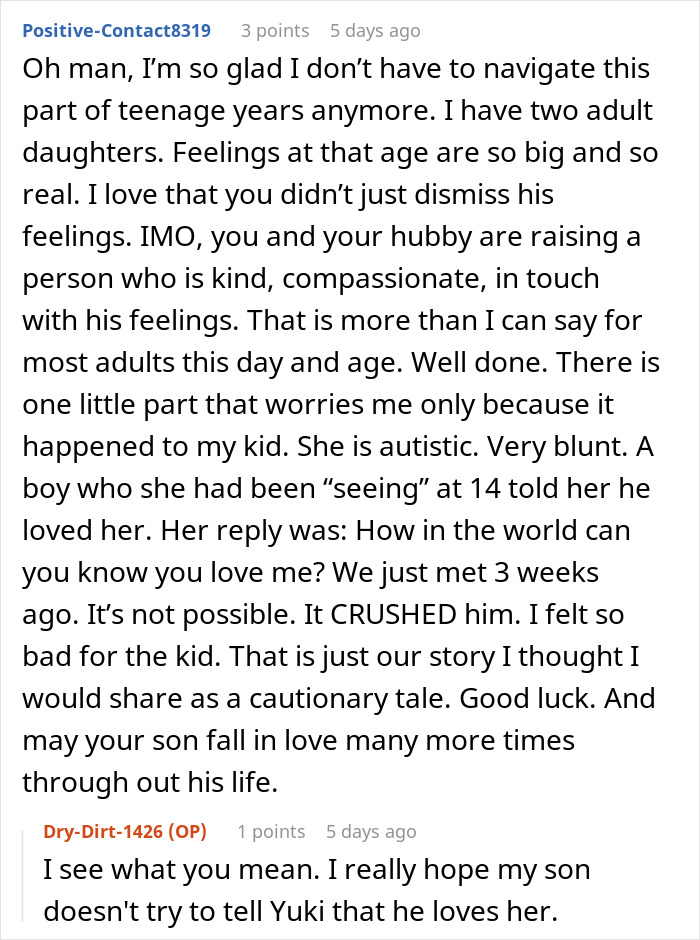 Commenter sharing personal story about autistic child and concerns related to love and relationships with a wheelchair user.