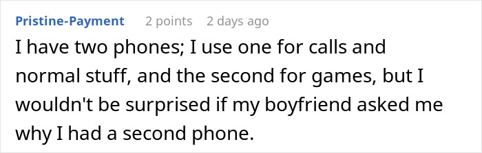 Social media post discussing having a second phone and a suspicious boyfriend questioning the extra device. Social media post discussing having a second phone and a suspicious boyfriend questioning the extra device.