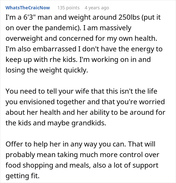 A husband struggles to accept his wife&rsquo;s weight gain, concerned about health and family future support.