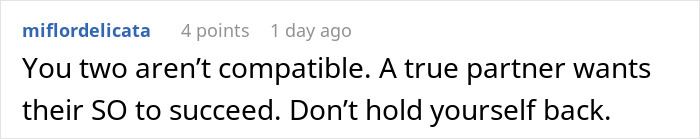 Comment text on a white background stating a relationship is not compatible when a partner views success as a threat.