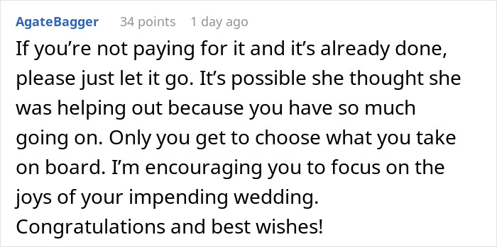 Comment about a bride encouraged to focus on joys of her impending wedding instead of catering conflict. Comment about a bride encouraged to focus on joys of her impending wedding instead of catering conflict.