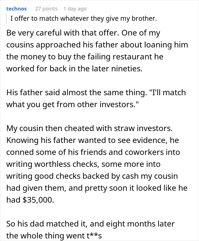 Excerpt of a Reddit post about a guy refusing to help his spoiled brother, parents upset over family conflict.