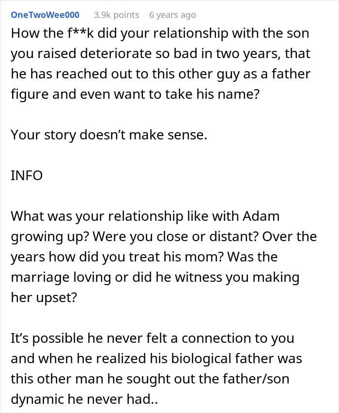 Comment discussing drama over last name and strained relationship as son spends more time with biological dad seeking father figure connection.
