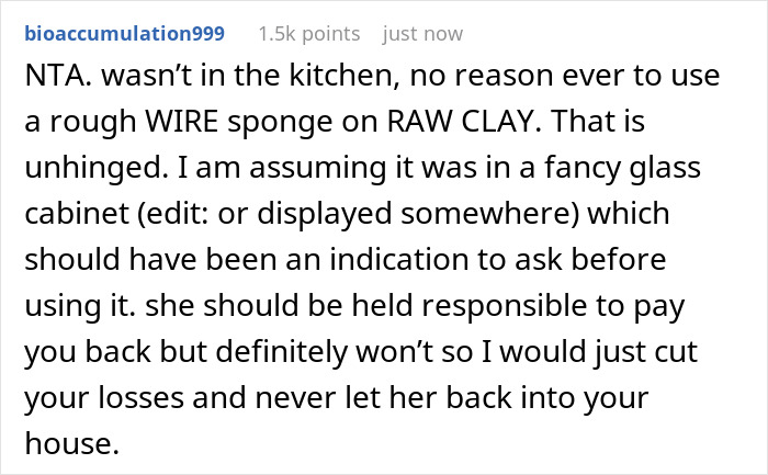 Comment discussing house-sitting friend ruining a $500 Yixing teapot with a rough sponge and being told to replace it. Comment discussing house-sitting friend ruining a $500 Yixing teapot with a rough sponge and being told to replace it.
