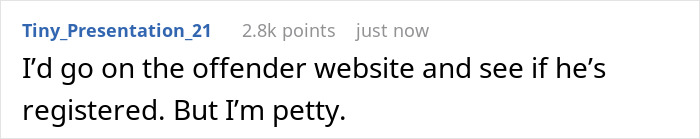 Screenshot of an online comment suggesting to check the offender website to see if he’s registered, related to creepy vibes.
