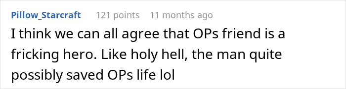 Screenshot of an online comment praising a man for heroically saving a life after revealing a psychiatric nurse secret.