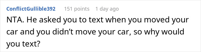 Reddit comment discussing entitled guy upset over neighbor not moving car to create snow-free parking spot. Reddit comment discussing entitled guy upset over neighbor not moving car to create snow-free parking spot.