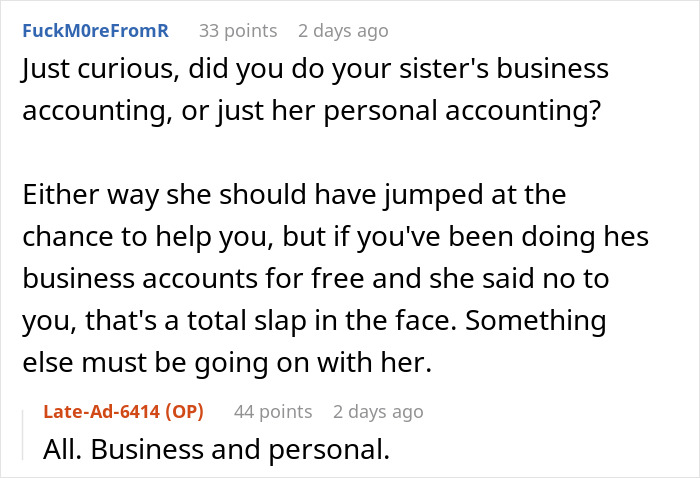 Reddit user discusses sister refuses plan wedding and consequences of being demoted to guest in a family accounting conflict.