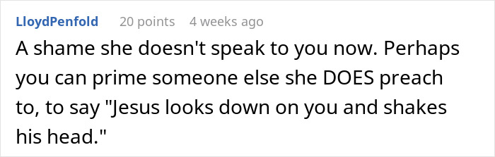 Screenshot of an online comment criticizing a righteous woman who judges a coworker&rsquo;s life choices despite her own morals.