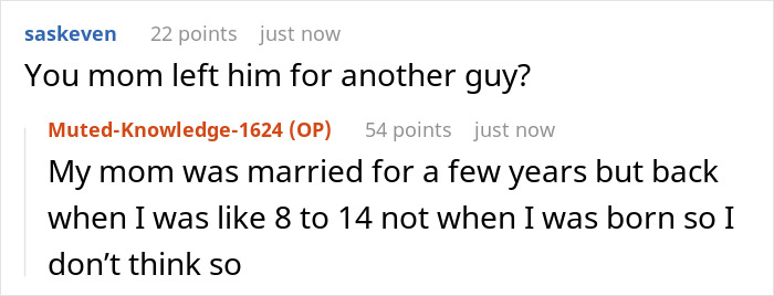 Reddit conversation about a guy discovering his mom lied about his dad leaving when she was pregnant.