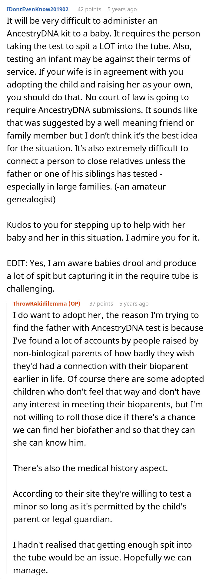 Text discussing challenges of administering AncestryDNA tests for a baby after wife&rsquo;s secret exposed by birthing a black child