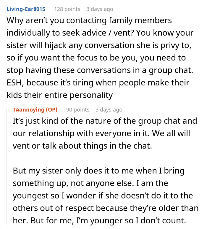 Text conversation about sister hijacking chats by bringing up her kids, causing frustration in family group messages.