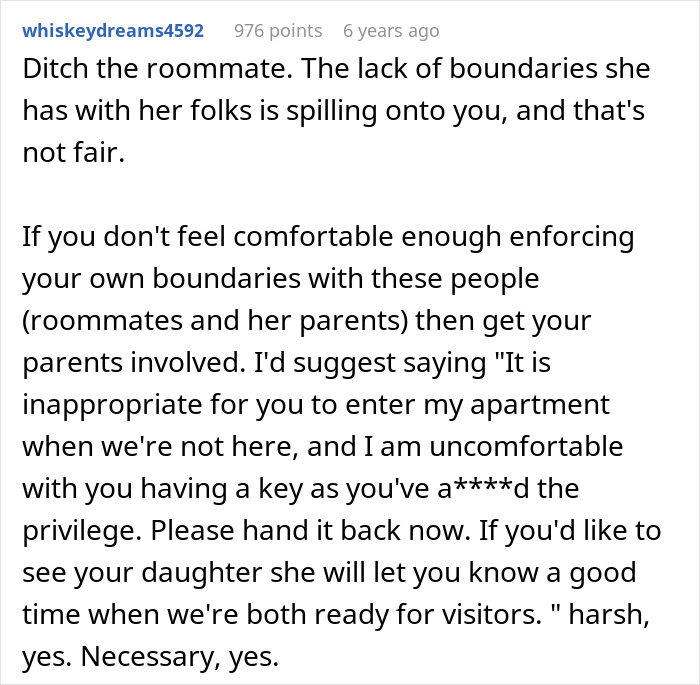 Text comment discussing boundaries with roommate&rsquo;s parents who use spare key to enter and act like babysitters.