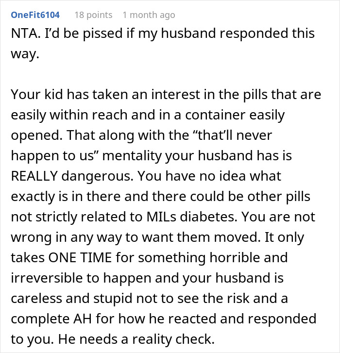Comment discussing dangers of meds within kid's reach and a husband dismissing concerns about keeping meds away.