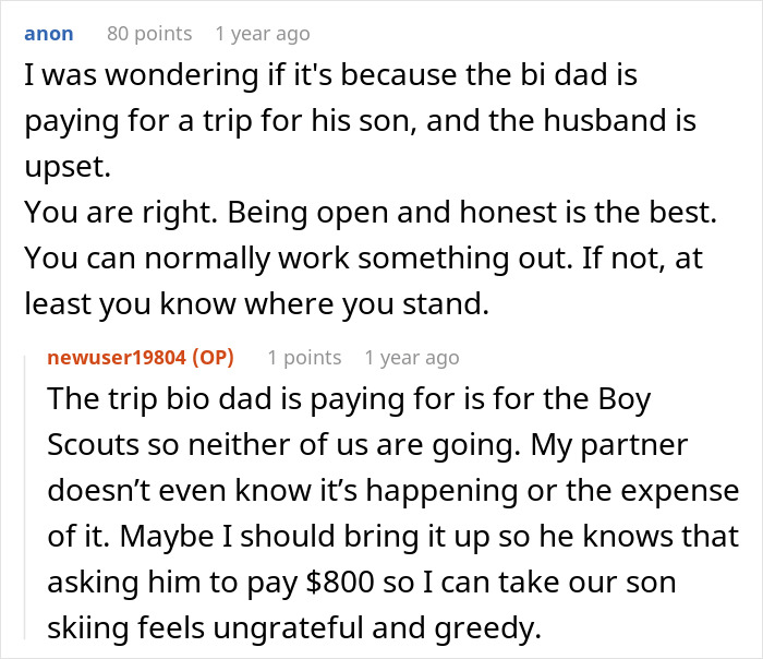 ALT text: Online discussion about woman panicking after partner who makes five times her salary leaves son without ski pass.