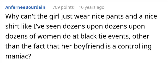 Screenshot of a forum comment discussing a guy who can&rsquo;t handle that his girlfriend refuses to wear dresses for events.