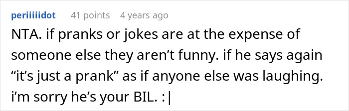 Screenshot of a Reddit comment discussing groom pranks targeting BIL’s girlfriend and refusing to pay for the consequences.