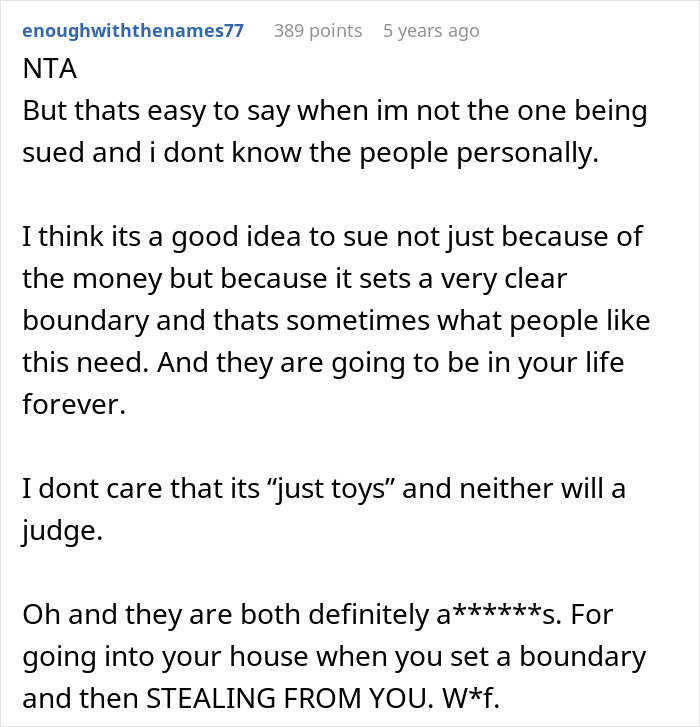 Screenshot of a Reddit comment discussing theft and boundaries related to cheating ex-wife's boyfriend stealing expensive Lego sets.