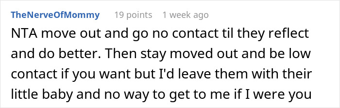 Comment in black text on a white background discussing sister family parenting drama and advice to go no contact.