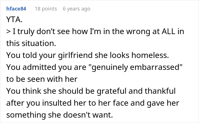 Screenshot of a Reddit comment discussing embarrassment and girlfriend&rsquo;s style linked to childhood trauma in a relationship conflict.