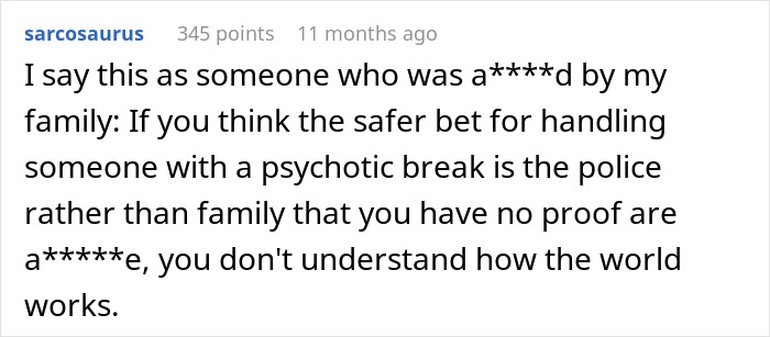 Screenshot of a Reddit comment discussing experiences related to psychiatric care and family handling during psychotic breaks.