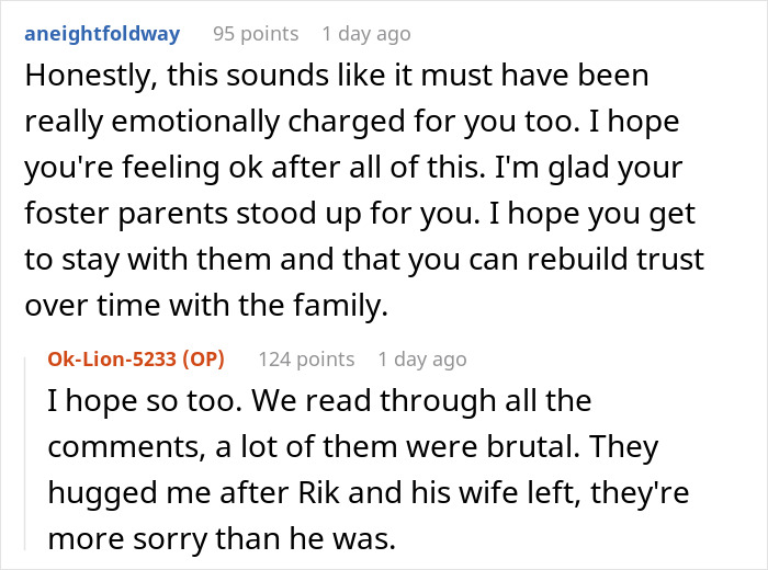 Reddit conversation showing emotional support for foster teen wrongly accused of theft by entitled guy.