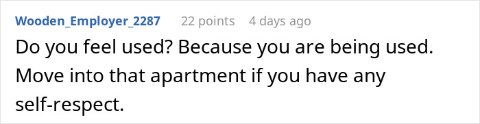 Comment on relationship struggles about finances from user Wooden_Employer_2287 with advice on self-respect and moving out.