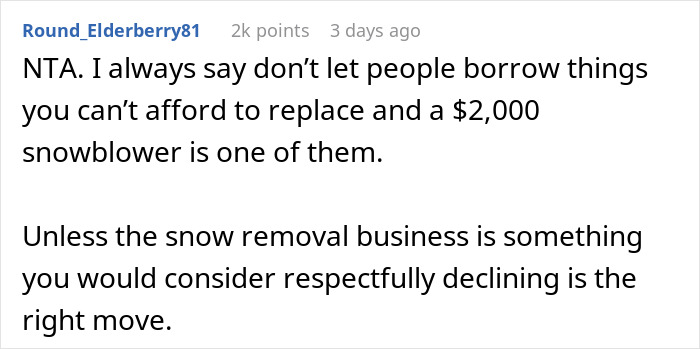 Screenshot of a forum comment discussing refusal to lend a new snow blower to a neighbor, highlighting financial caution.