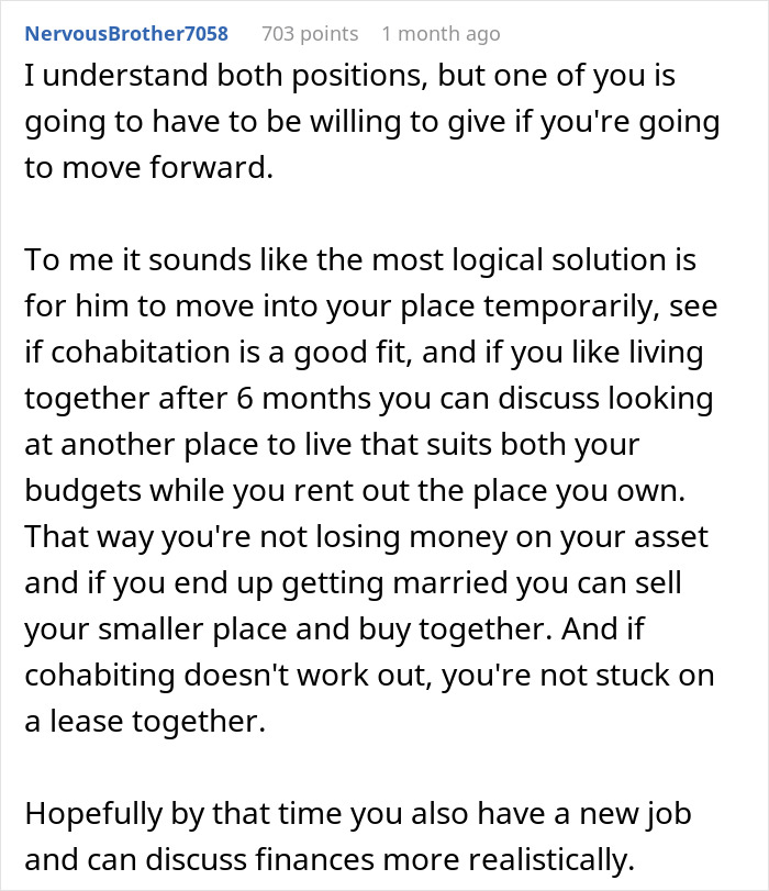 Comment discussing the man wanting to move in with girlfriend but refusing to live in the apartment she owns, offering a compromise.