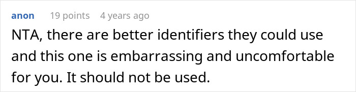 Screenshot of a forum comment discussing embarrassment over a work nickname and a husband buying his wife new bras.