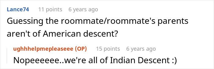 Screenshot of an online conversation discussing a woman stunned by roommate&rsquo;s parents using a spare key and acting like babysitters.