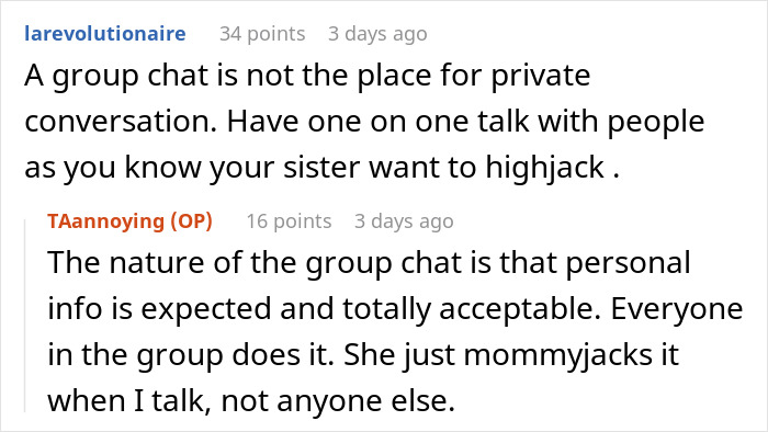 Screenshot of a chat discussion about a mom not letting sister have a private conversation, repeatedly bringing up her kids.