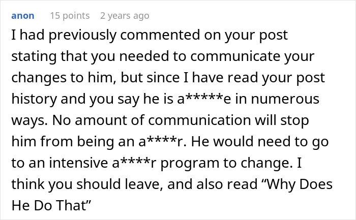 Screenshot of an online comment discussing a man taking advantage of his wife&rsquo;s submissive nature and relationship advice.