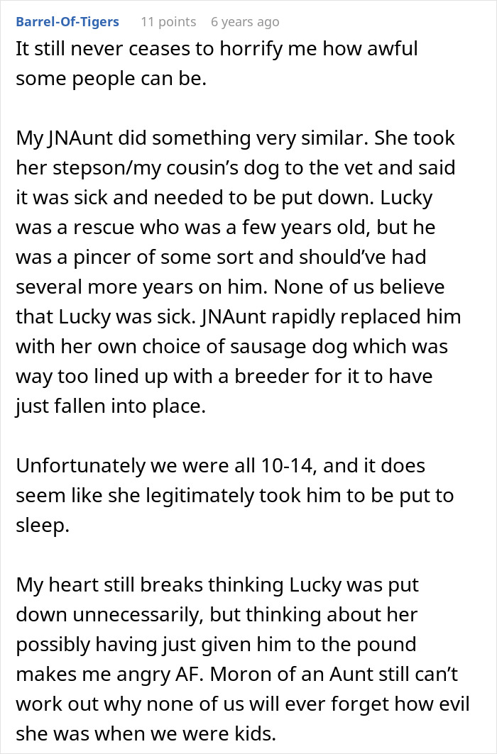 Comment describing a family’s distress after MIL pretends dog passed away to get rid of him, and the dog is found at a shelter.