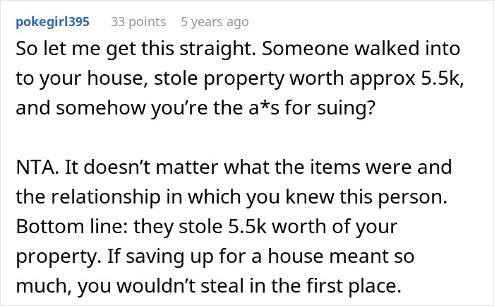 Comment discussing someone stealing expensive property including Lego sets from a guy and the resulting dispute over suing.