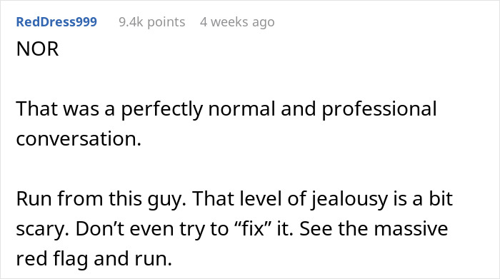 User comment discussing whether conversations with boss were inappropriate after boyfriend&rsquo;s jealous reaction and red flags.