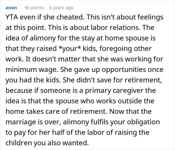 Comment discussing alimony and labor relations after a woman&rsquo;s easy-going lifestyle ends due to affair discovery.
