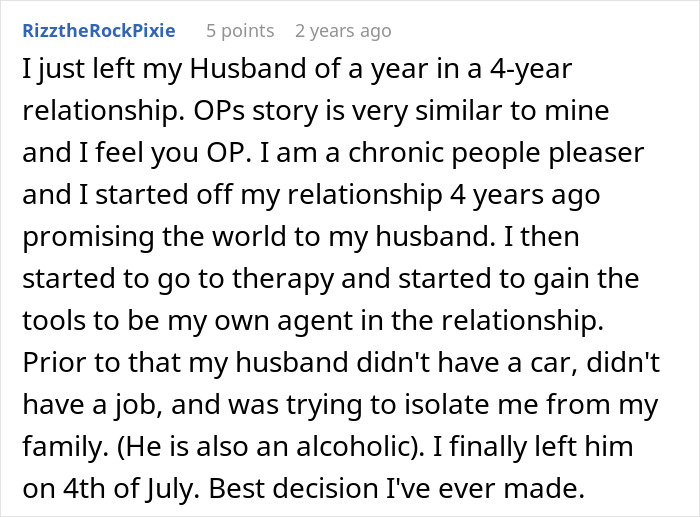 Comment sharing experience about a husband taking advantage of wife&rsquo;s submissive nature and her standing up for herself.