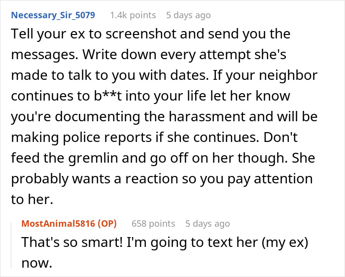 Screenshot of online advice recommending documenting harassment from an unhinged neighbor causing stress and paranoia.